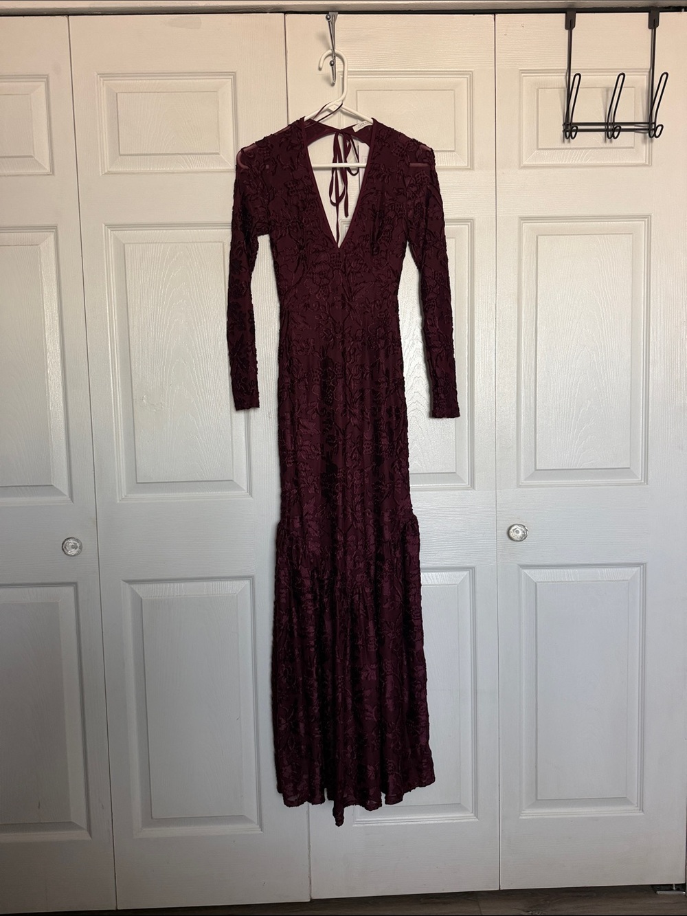 12th Tribe Wine Lace Long-Sleeve Maxi Dress with V-Neck Tie Back